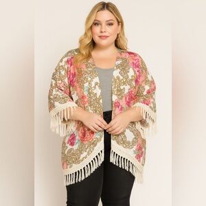 Bongo plus 3X Floral boho Kimono with Fringe‎